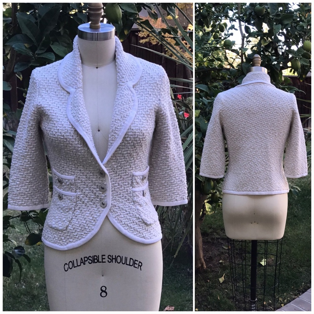 White House Black Market Cream Tweed Three Button Double Pocket Sweater Blazer